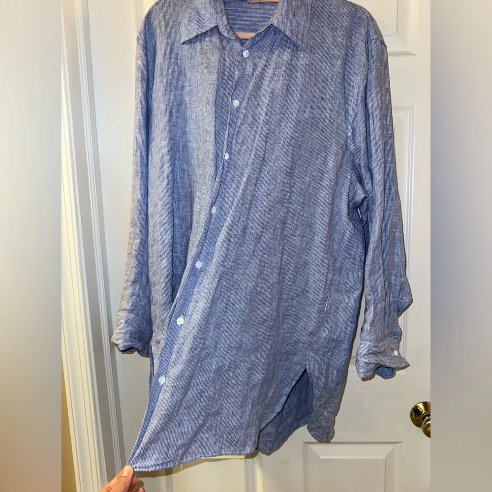 ZARA Oversized Button-Up Shirt - Blue/White Striped - 100% Linen - Size L - Picture 3 of 9
